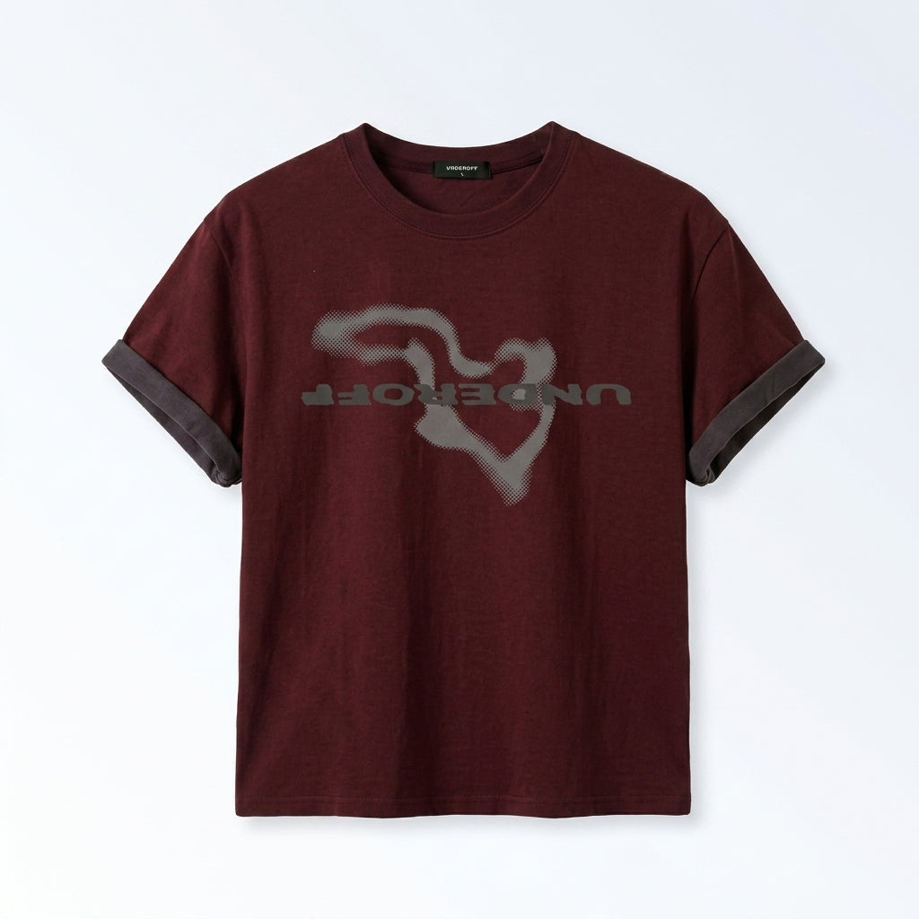 nmx Roll-Up Sleeve Crop T-Shirt Geography Burgundy